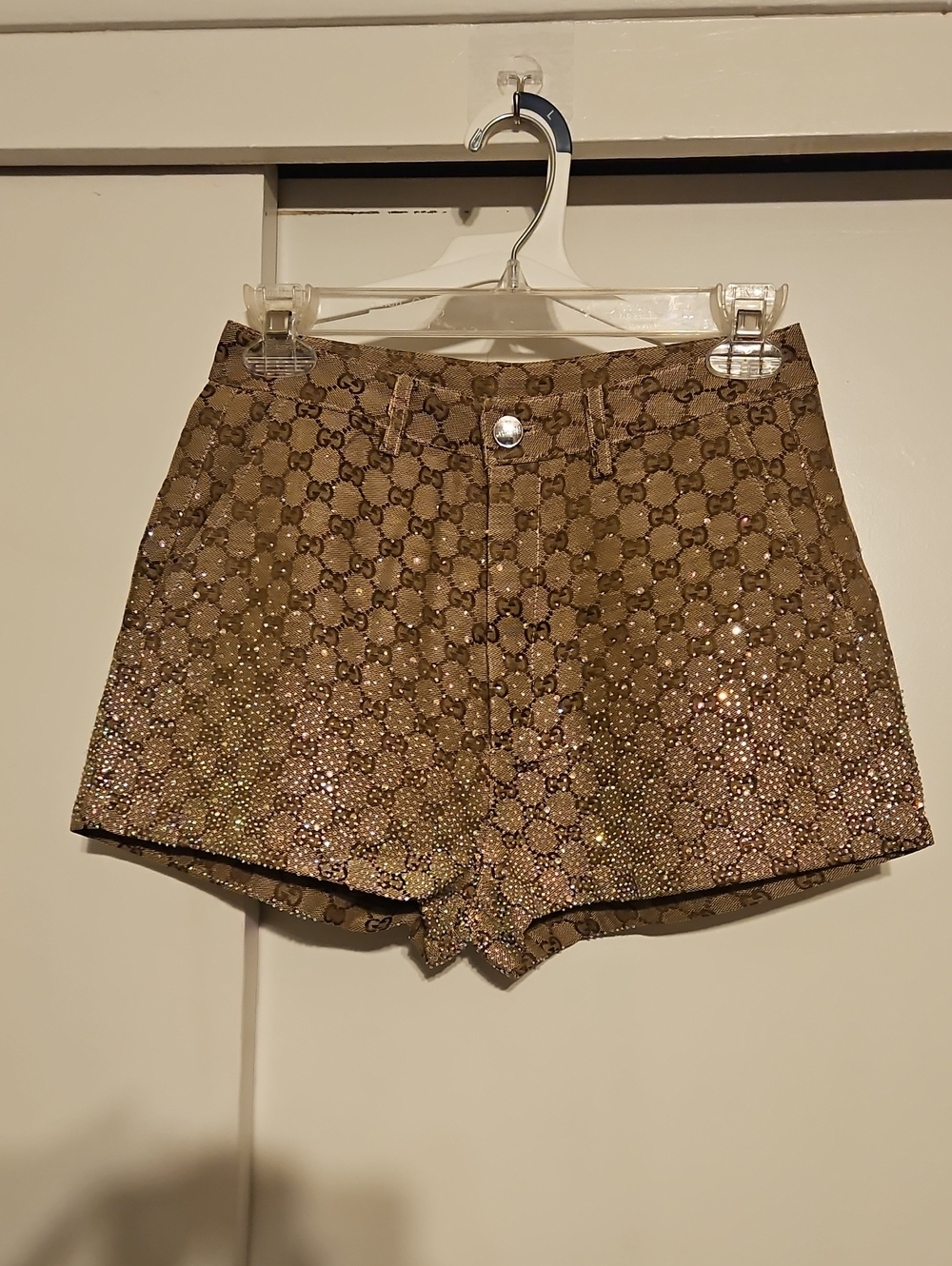 NWT. Designer-Inspired Brown Sequin High-Waist Shorts. Size Asian XL